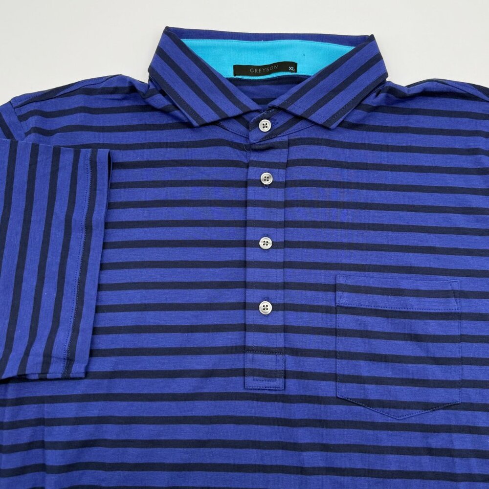 NWOT Greyson Men’s Polo Shirt L Blue Striped Cotton Stretch Golf Pocket Casual